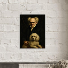 Arthur Schopenhauer with poodle and grim velvet drapery metal print mockup
