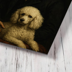 Arthur Schopenhauer with poodle and grim velvet drapery metal print mockup