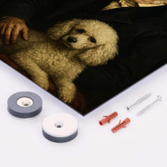 Arthur Schopenhauer with poodle and grim velvet drapery metal print mockup