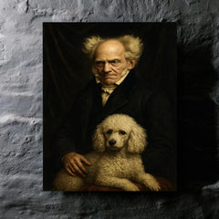 Arthur Schopenhauer with poodle and grim velvet drapery metal print mockup