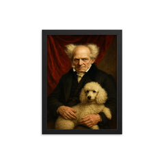 Arthur Schopenhauer with poodle and red drapery framed print on a plain backdrop in size 12"x16".
