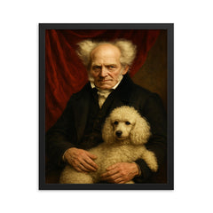 Arthur Schopenhauer with poodle and red drapery framed print on a plain backdrop in size 16"x20".