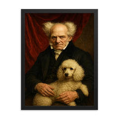 Arthur Schopenhauer with poodle and red drapery framed print on a plain backdrop in size 18"x24".
