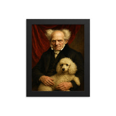 Arthur Schopenhauer with poodle and red drapery framed print on a plain backdrop in size 8"x10".