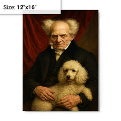 Arthur Schopenhauer with poodle and red drapery metal print on a plain backdrop in size 12"x16".