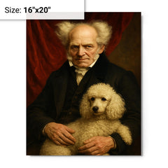 Arthur Schopenhauer with poodle and red drapery metal print on a plain backdrop in size 16"x20".