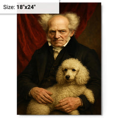 Arthur Schopenhauer with poodle and red drapery metal print on a plain backdrop in size 18"x24".