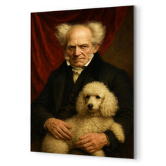 Arthur Schopenhauer with poodle and red drapery metal print mockup