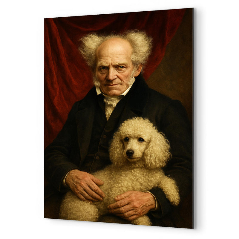 Arthur Schopenhauer with poodle and red drapery metal print mockup