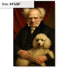 Arthur Schopenhauer with poodle and red drapery metal print on a plain backdrop in size 24"x36".