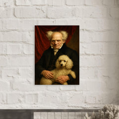 Arthur Schopenhauer with poodle and red drapery metal print mockup
