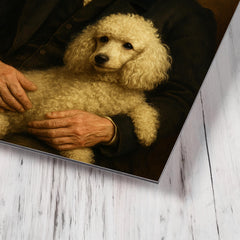Arthur Schopenhauer with poodle and red drapery metal print mockup