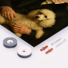 Arthur Schopenhauer with poodle and red drapery metal print mockup