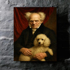 Arthur Schopenhauer with poodle and red drapery metal print mockup