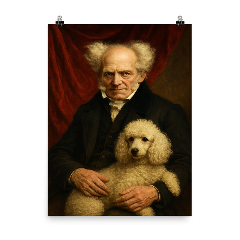 Arthur Schopenhauer with poodle and red drapery poster on a plain backdrop in size 8