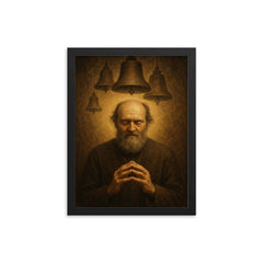 Arvo Pärt in stillness with bell motif framed print on a plain backdrop in size 12"x16".
