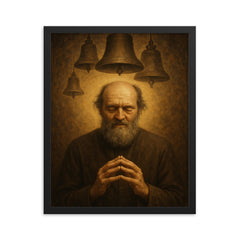 Arvo Pärt in stillness with bell motif framed print on a plain backdrop in size 16"x20".