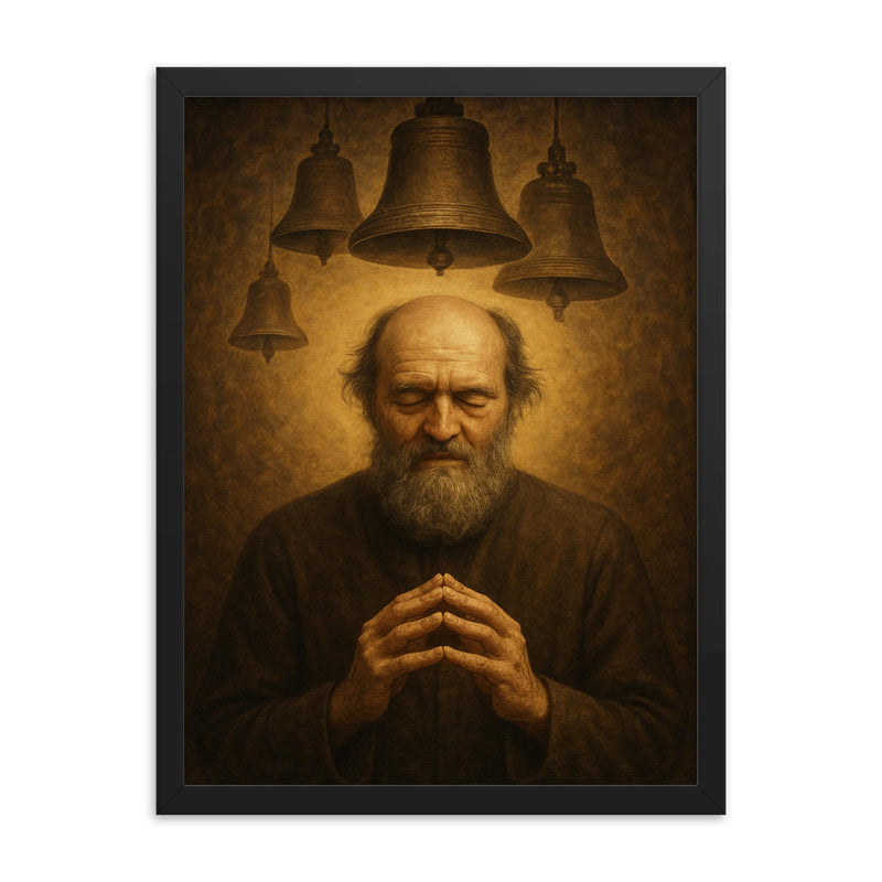 Arvo Pärt in stillness with bell motif framed print on a plain backdrop in size 18