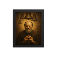 Arvo Pärt in stillness with bell motif framed print on a plain backdrop in size 8"x10".