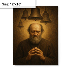 Arvo Pärt in stillness with bell motif metal print on a plain backdrop in size 12"x16".