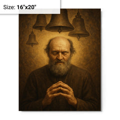 Arvo Pärt in stillness with bell motif metal print on a plain backdrop in size 16"x20".