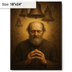 Arvo Pärt in stillness with bell motif metal print on a plain backdrop in size 18"x24".