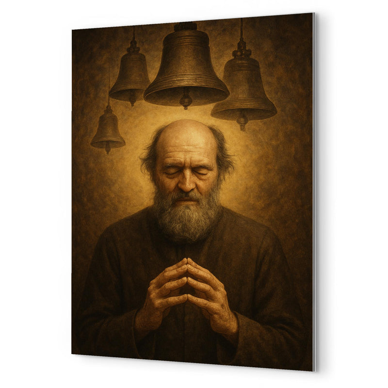 Arvo Pärt in stillness with bell motif metal print mockup