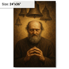 Arvo Pärt in stillness with bell motif metal print on a plain backdrop in size 24"x36".