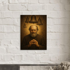 Arvo Pärt in stillness with bell motif metal print mockup