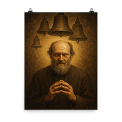 Arvo Pärt in stillness with bell motif poster on a plain backdrop in size 8"x10".