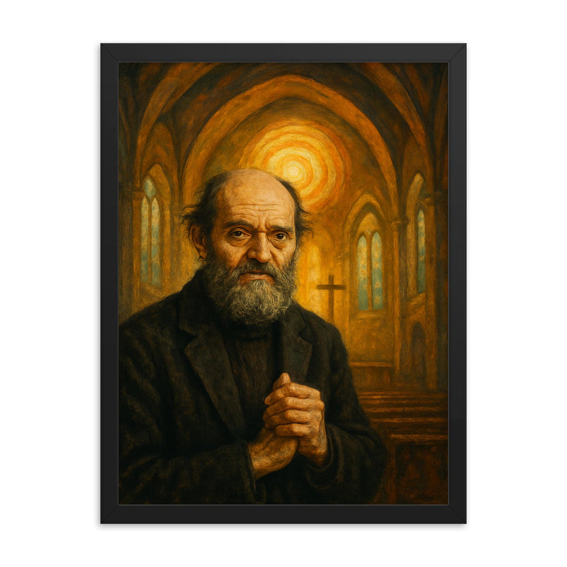 Arvo Pärt tintinnabuli chapel portrait framed print on a plain backdrop in size 18