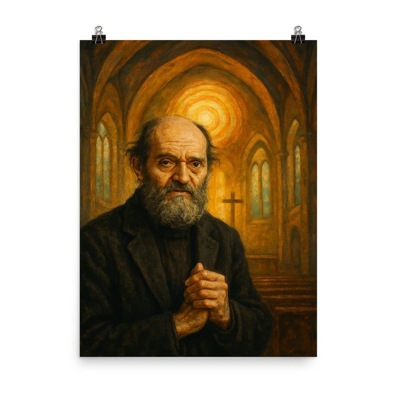 Arvo Pärt tintinnabuli chapel portrait poster on a plain backdrop in size 8