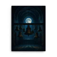 Arvo Part tintinnabuli bells in moonlit chapel canvas print on a plain backdrop in size 18"x24".