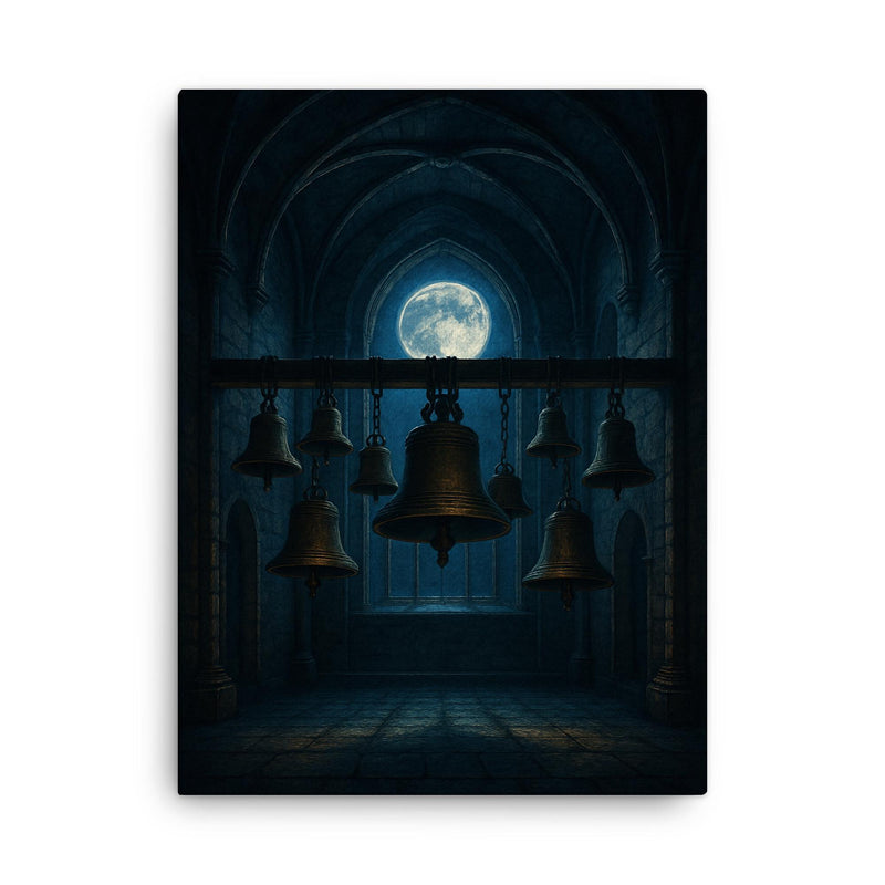 Arvo Part tintinnabuli bells in moonlit chapel canvas print on a plain backdrop in size 18