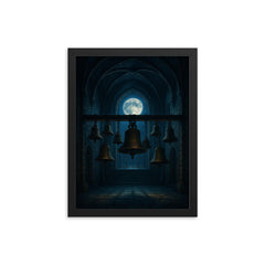 Arvo Part tintinnabuli bells in moonlit chapel framed print on a plain backdrop in size 12"x16".
