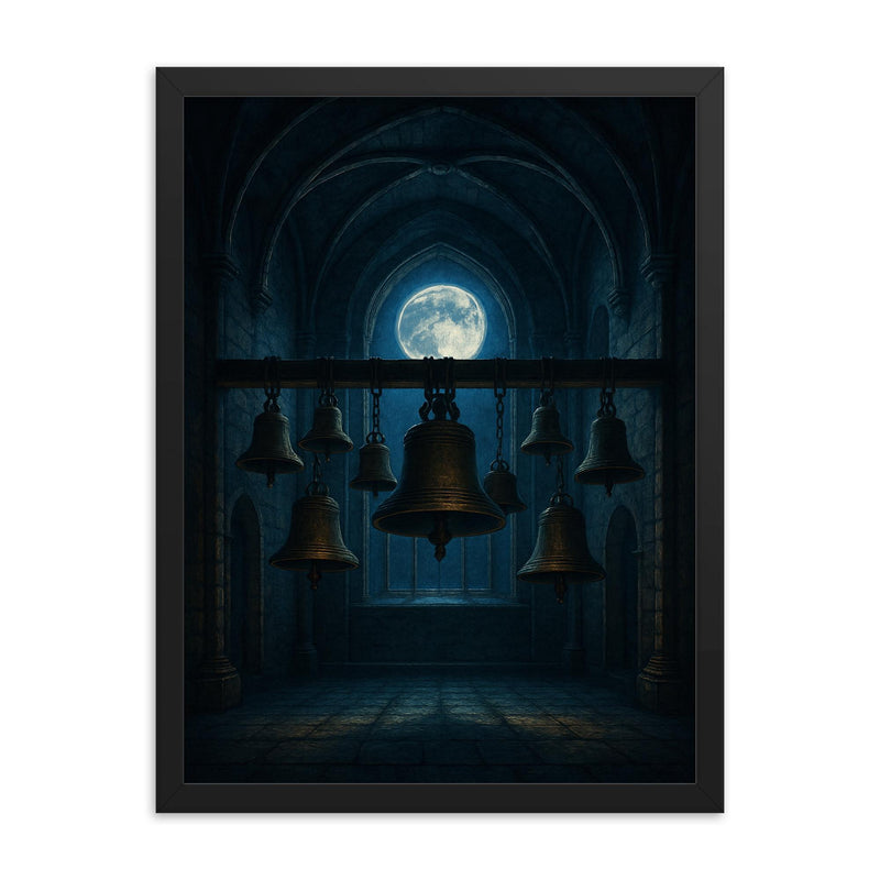 Arvo Part tintinnabuli bells in moonlit chapel framed print on a plain backdrop in size 18