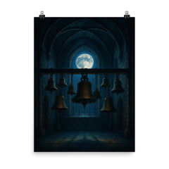Arvo Part tintinnabuli bells in moonlit chapel poster on a plain backdrop in size 8"x10".
