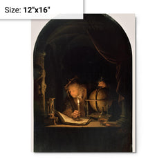 Astronomer by Candlelight by Gerrit Dou metal print on a plain backdrop in size 12"x16".
