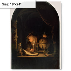 Astronomer by Candlelight by Gerrit Dou metal print on a plain backdrop in size 18"x24".