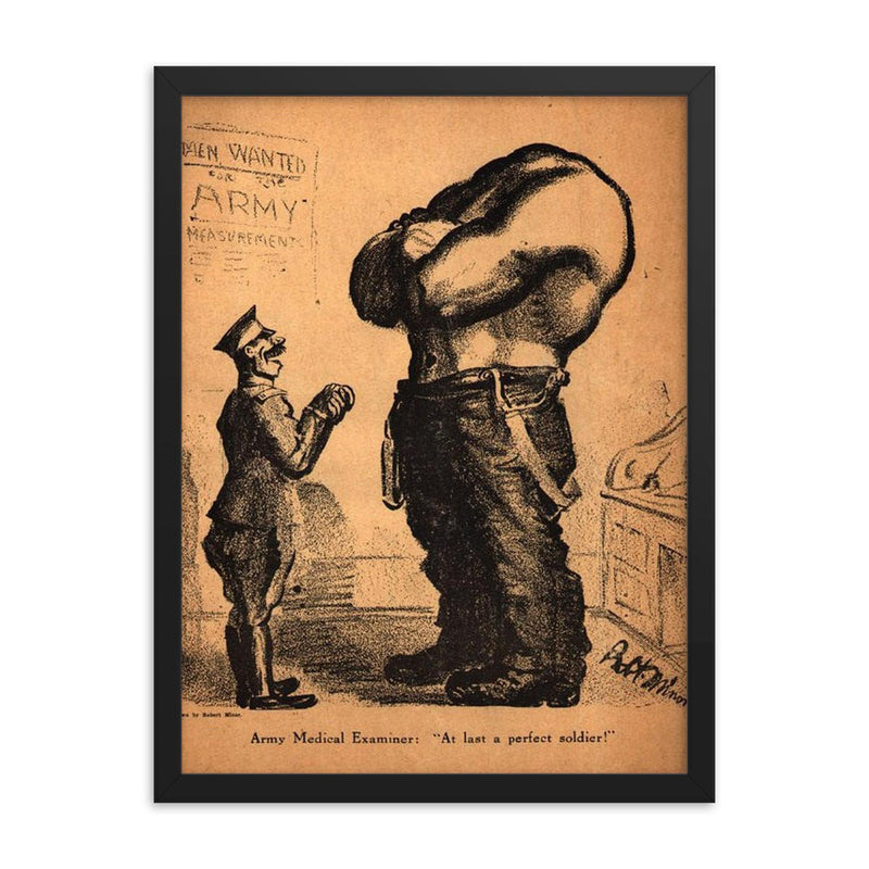 At Last a Perfect Soldier by Robert Minor, 1916 framed print on a plain backdrop in size 18