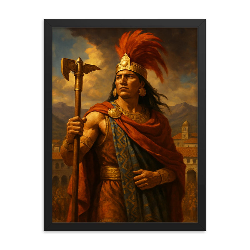 Atahualpa in Cajamarca before betrayal framed print on a plain backdrop in size 18