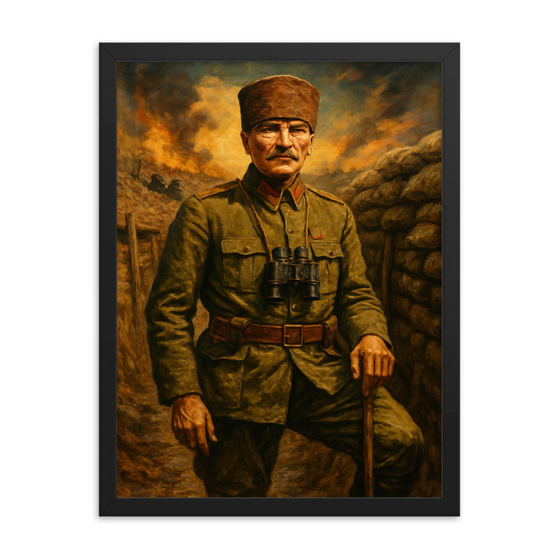 Atatürk Gallipoli trench portrait framed print on a plain backdrop in size 18