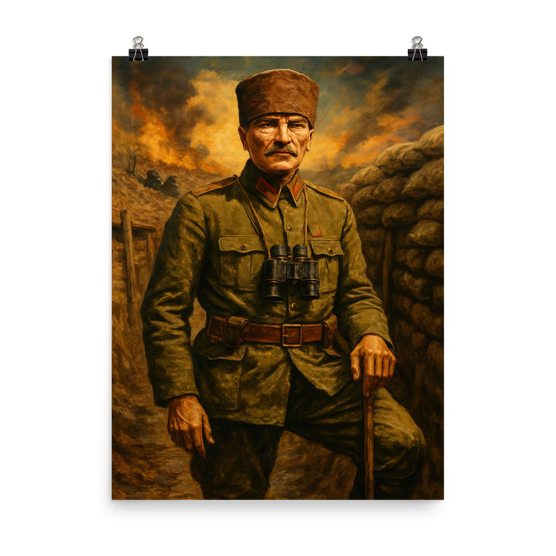 Atatürk Gallipoli trench portrait poster on a plain backdrop in size 8