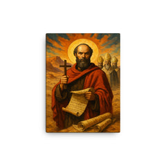 Athanasius contra mundum amid desert scrolls and bishops canvas print on a plain backdrop in size 12"x16".