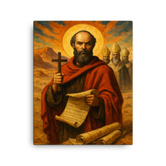 Athanasius contra mundum amid desert scrolls and bishops canvas print on a plain backdrop in size 16"x20".