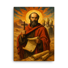 Athanasius contra mundum amid desert scrolls and bishops canvas print on a plain backdrop in size 18"x24".