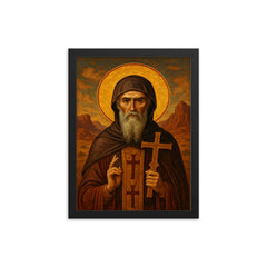 Athanasius contra mundum desert exile icon framed print on a plain backdrop in size 12"x16".