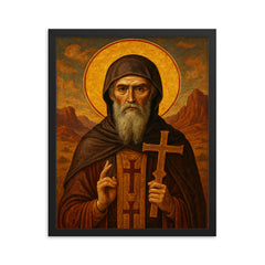 Athanasius contra mundum desert exile icon framed print on a plain backdrop in size 16"x20".