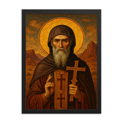 Athanasius contra mundum desert exile icon framed print on a plain backdrop in size 18"x24".