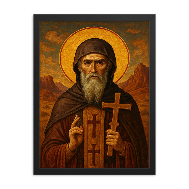 Athanasius contra mundum desert exile icon framed print on a plain backdrop in size 18
